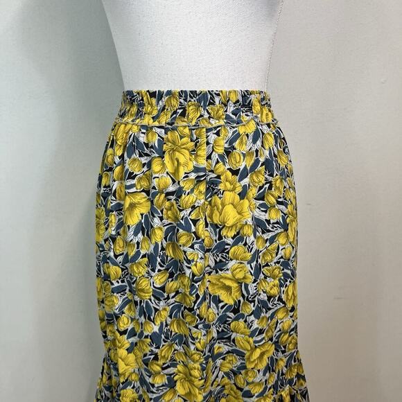 Yakira Bella Skirt sz Large Yellow Gray Floral Ruffles Knee A Line Cottage Core - Picture 2 of 8